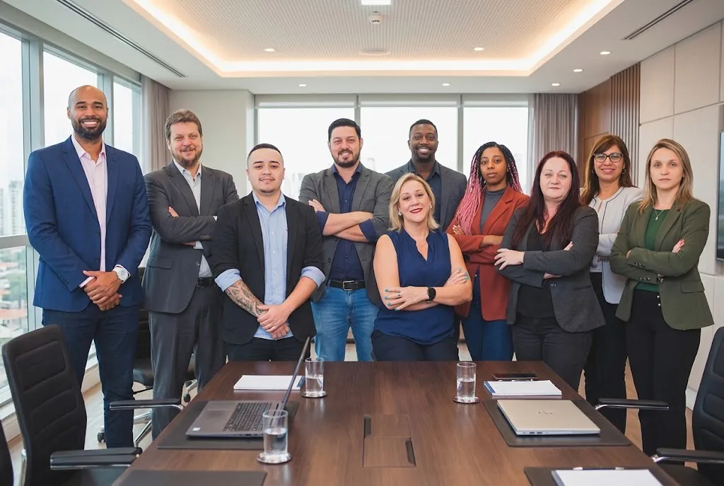 Equipe da Luzitana Contabilidade reunida na sala de reunião do escritório